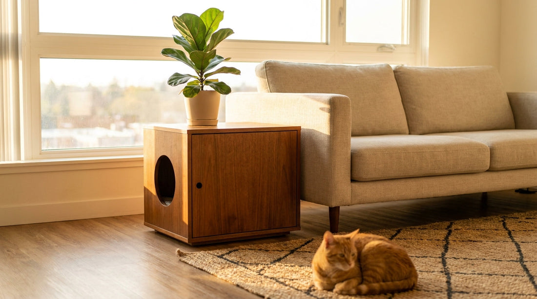 A wooden litter box cabinet styled as an end table beside a sofa in a small bright apartment