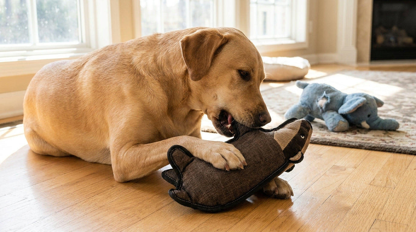 A large short-haired dog lying on a hardwood floor gripping a thick-seamed plush toy between its paws
