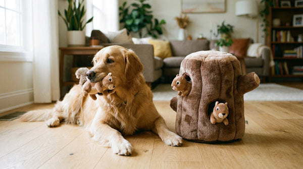 Golden retriever lying on a wood floor holding a small plush squirrel, next to a plush tree trunk toy with two more squirrels in its holes
