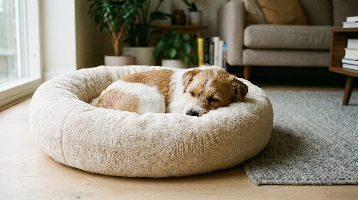 Small tan and white terrier curled asleep in a round cream faux-fur donut bed with its chin resting on the raised rim