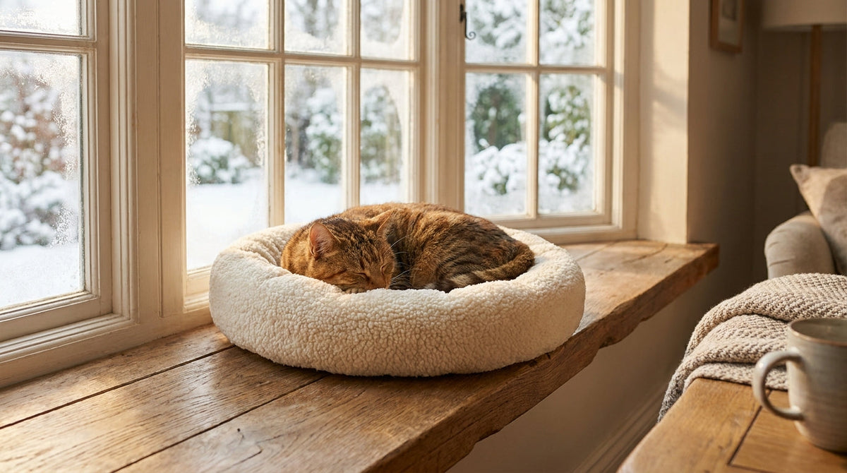 A round bolstered cat bed with a soft fleece lining sitting on a sunny windowsill beside a frosted winter window