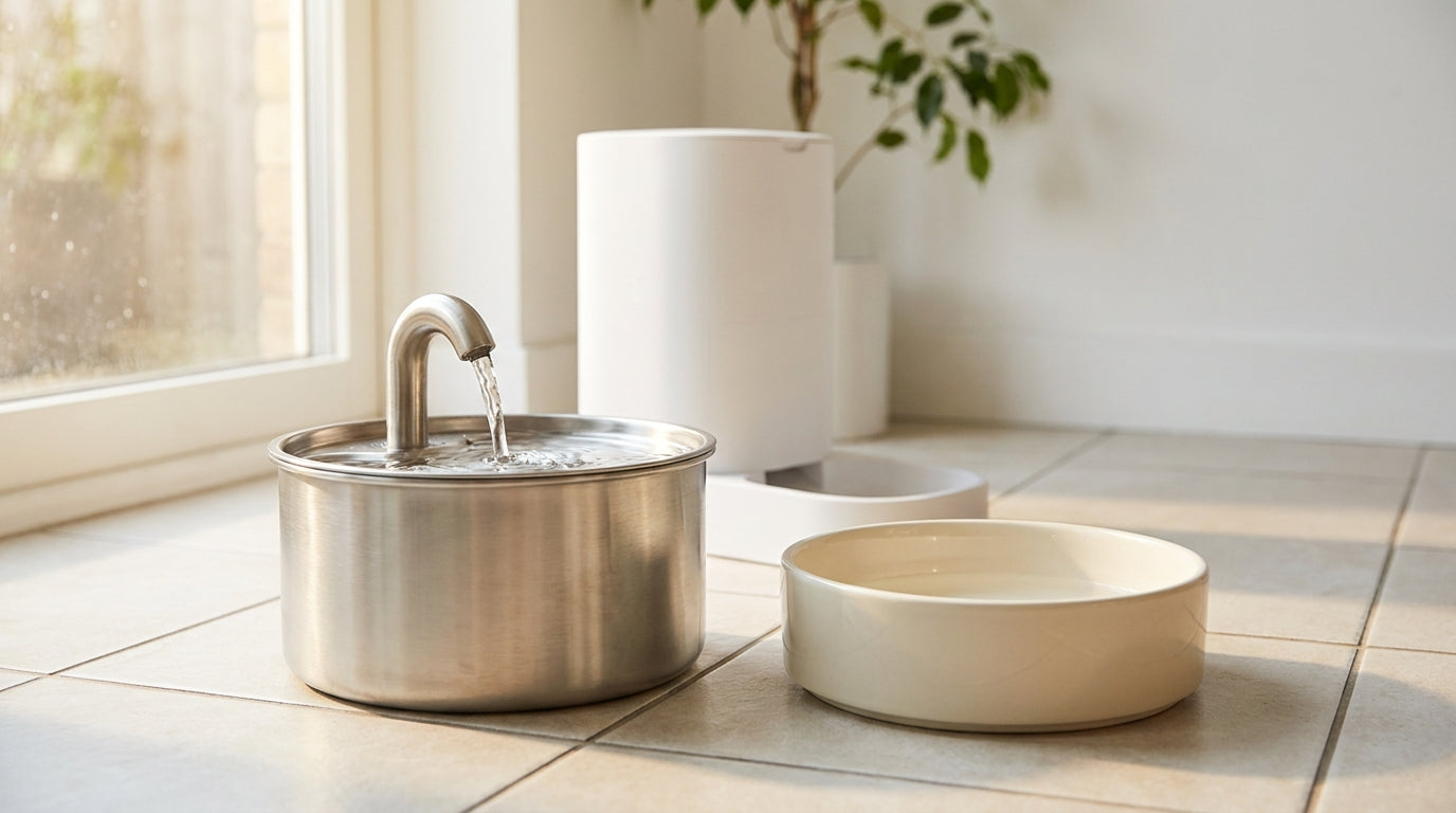 A stainless steel cat water fountain, a wide ceramic bowl, and an automatic feeder arranged together on a clean tile floor