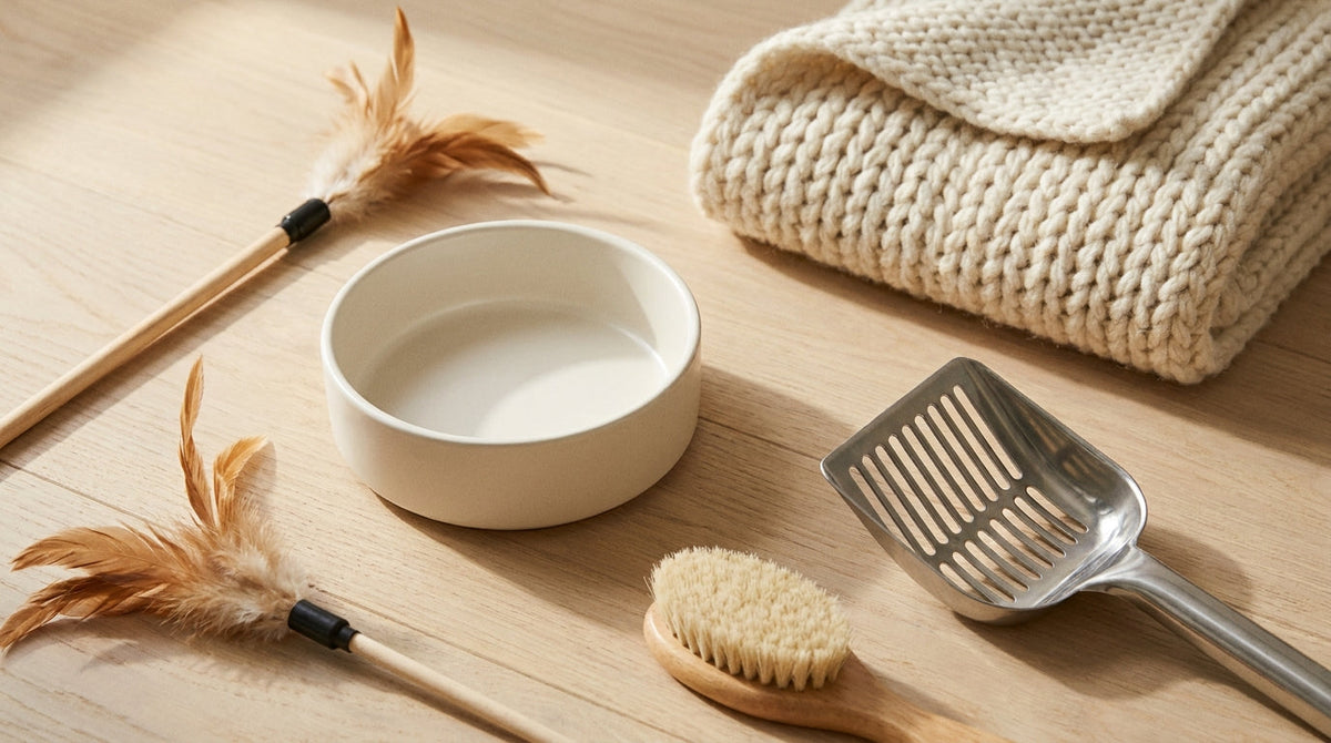Overhead view of cat care essentials on a light wood floor including a ceramic bowl, a feather wand toy, a grooming brush, and a litter scoop