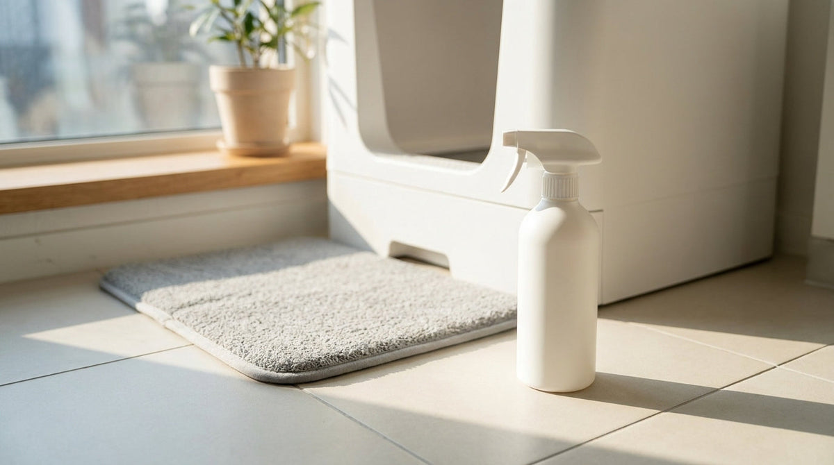 An enzyme cleaner spray bottle standing beside a clean litter box area on a tile floor