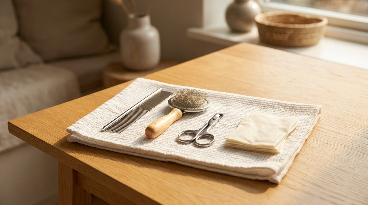 A cat grooming kit with a steel comb, slicker brush, nail clippers, and wipes laid out on a folded white towel
