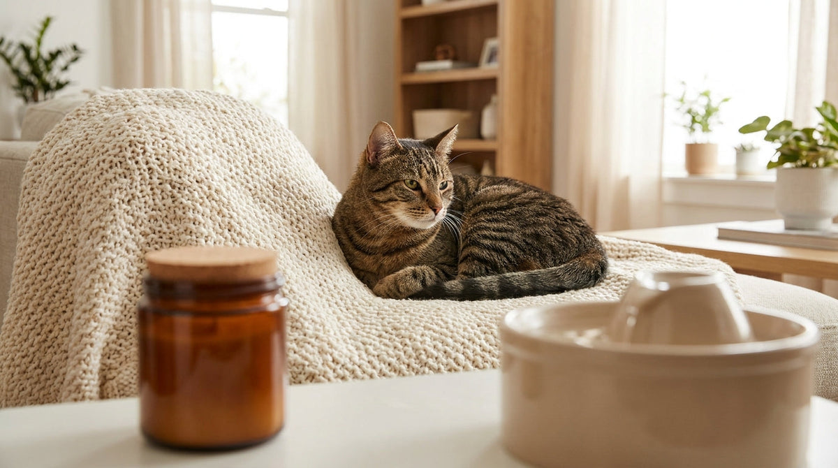 A calm adult tabby cat resting on a light blanket beside a ceramic water fountain and a small supplement jar