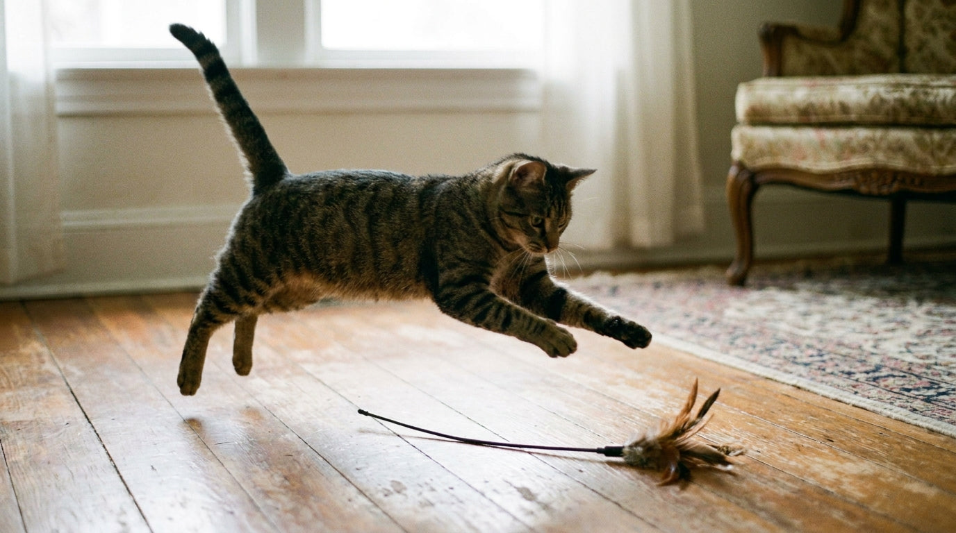 Tabby cat leaping mid-pounce toward a feathered wand toy dragging across a wood floor