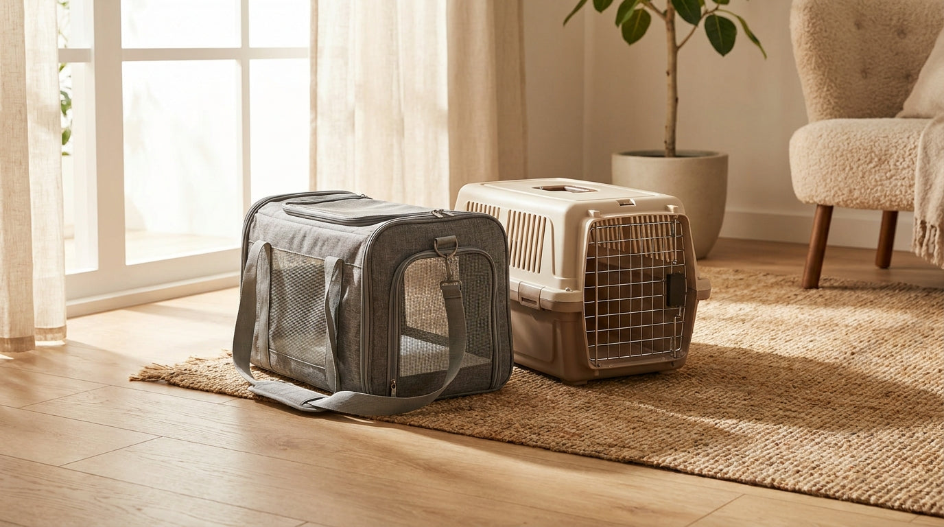 A soft-sided cat carrier and a hard-sided cat carrier sitting side by side on a wood floor in a tidy living room