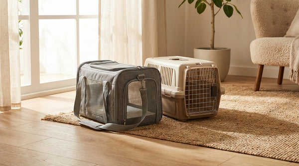A soft-sided cat carrier and a hard-sided cat carrier sitting side by side on a wood floor in a tidy living room