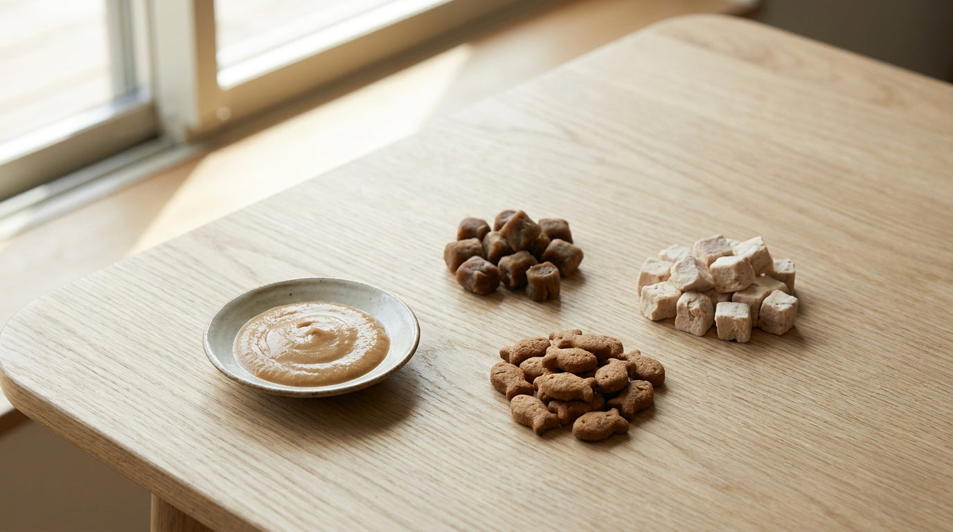 An assortment of cat treats arranged by type on a clean light surface