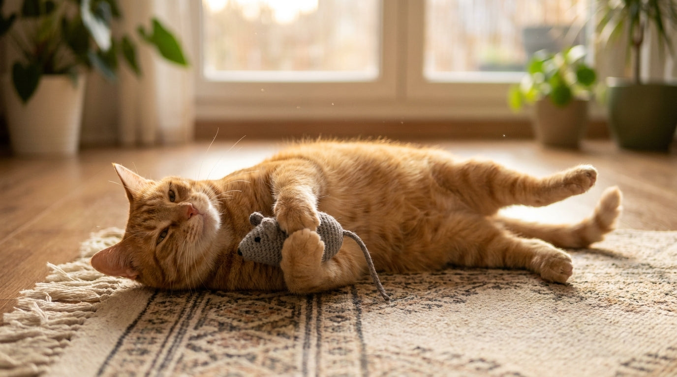 Orange tabby cat lying on its side hugging a grey knit mouse toy with one back leg kicked out