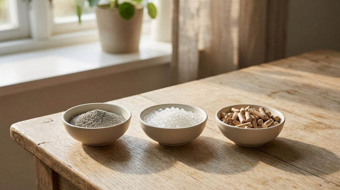 Three small dishes holding clay, silica crystal, and plant-based cat litter side by side on a wooden table