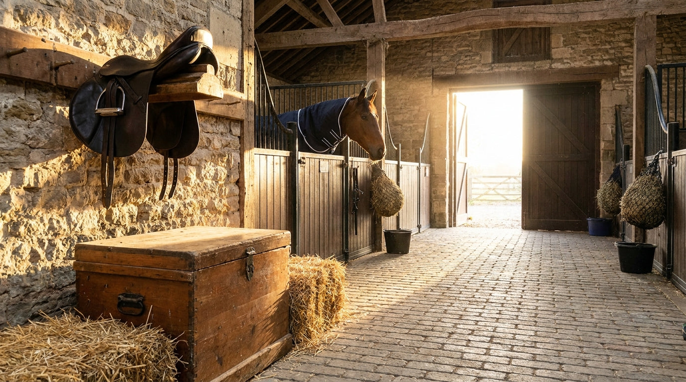 Stable aisle at sunrise with a tack trunk, a leather saddle on a wall rack, and a blanketed horse looking out of a stall