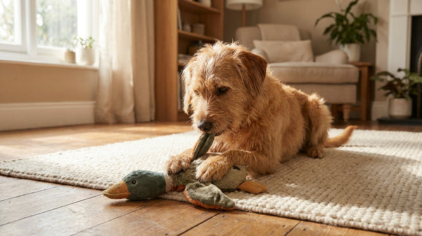 A golden-brown dog lying on a light rug holding a flat plush duck toy under its front paws while mouthing one wing