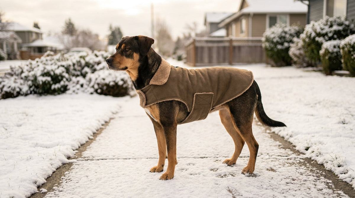 A short-haired dog in a snug fleece-lined winter coat standing on a snowy sidewalk in soft daylight