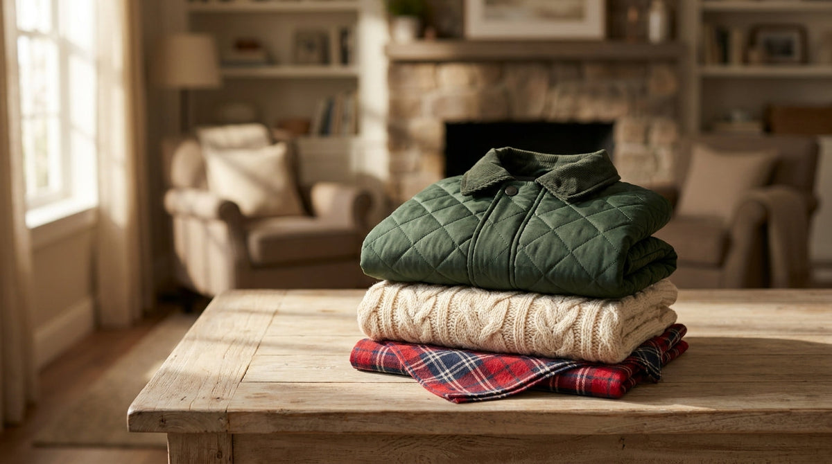 A folded dog coat, knit sweater, and bandana stacked on a wooden table in soft daylight