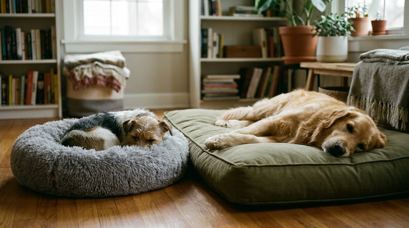 A small dog curled asleep in a round donut bed beside a larger dog stretched out on a flat rectangular cushion bed.