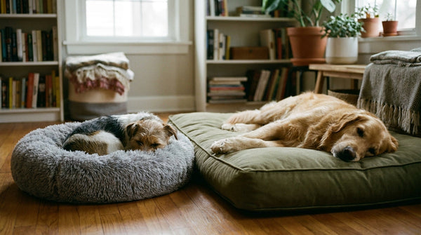 A small dog curled asleep in a round donut bed beside a larger dog stretched out on a flat rectangular cushion bed.