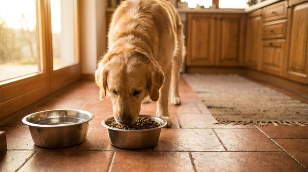 Golden retriever eating kibble from a stainless steel bowl on a tiled kitchen floor next to a water bowl