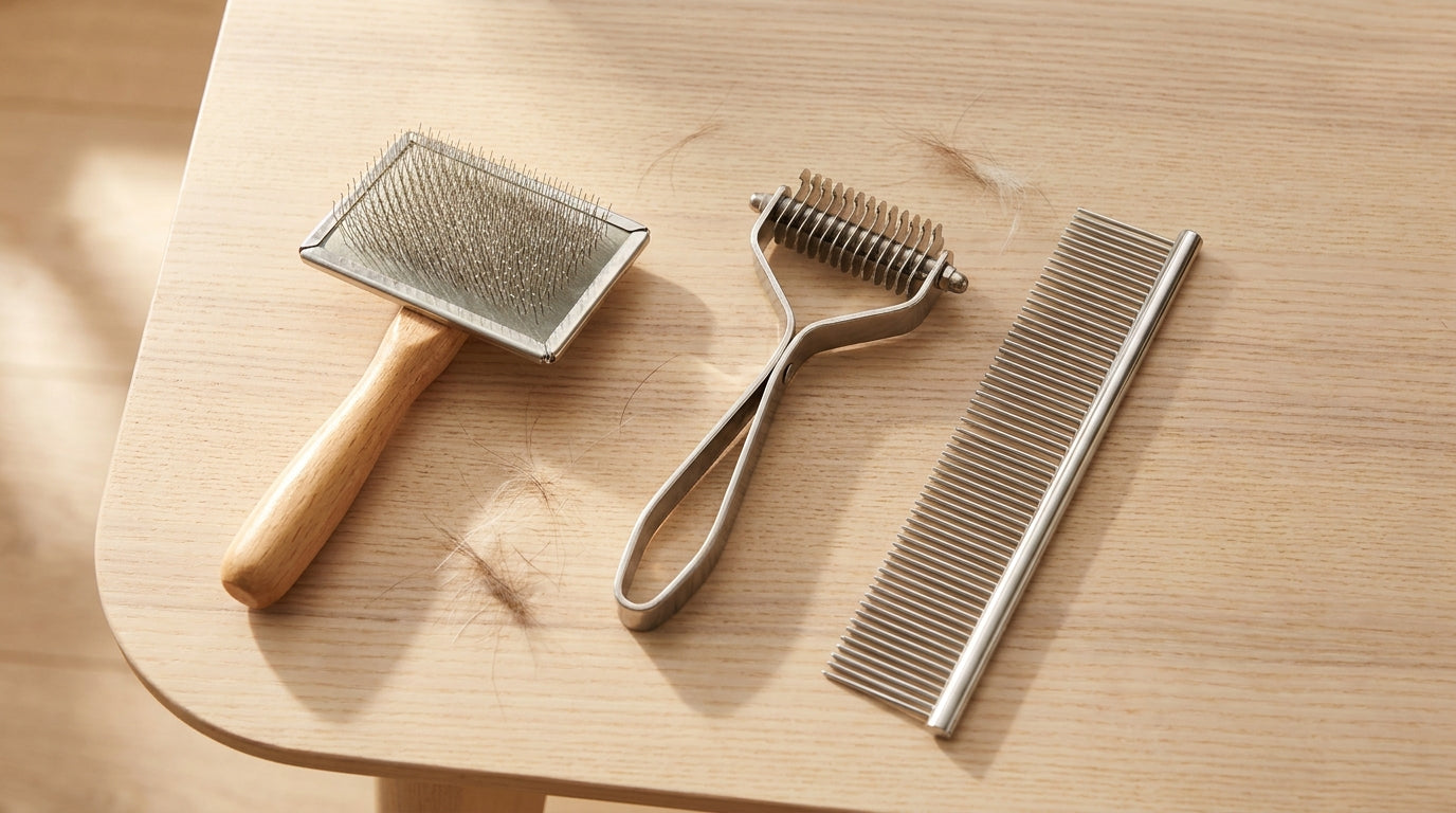 A slicker brush, undercoat rake, and stainless steel dog comb laid out side by side on a light wooden surface