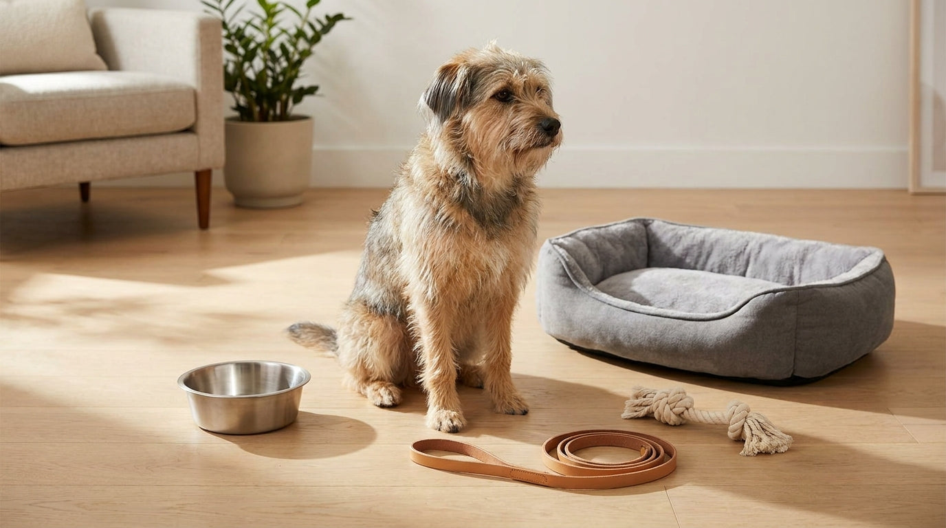 A calm adult dog sitting on a wood floor beside a food bowl, leash, bed and toy in bright natural light