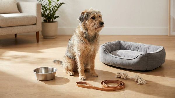 A calm adult dog sitting on a wood floor beside a food bowl, leash, bed and toy in bright natural light