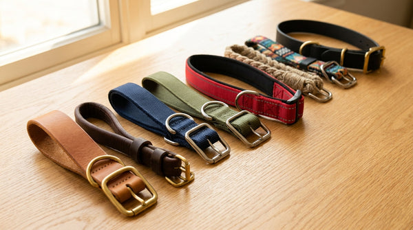 A row of dog collars in leather, nylon webbing, and coated fabric laid flat on a pale wooden surface