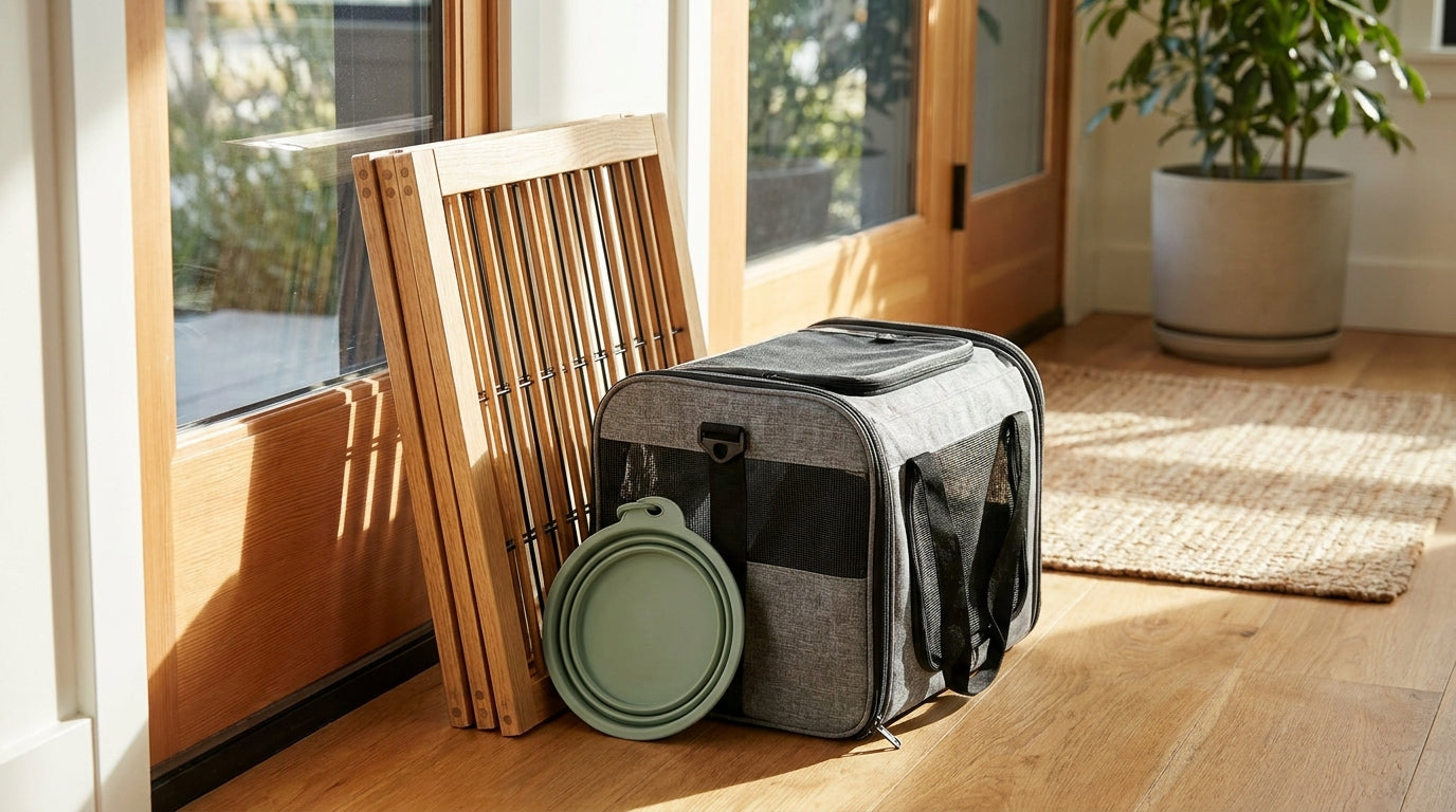 A soft dog carrier, a collapsible travel bowl and a folding pet gate arranged beside a sunlit front door