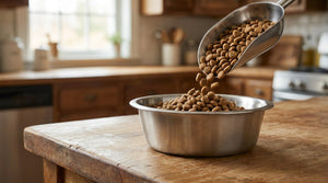 Dry dog food kibble pouring from a stainless steel scoop into a bowl on a kitchen counter