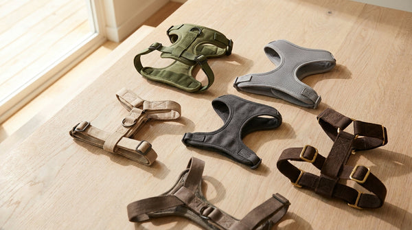 Several dog harnesses in different styles laid flat on a light wooden surface, photographed from above in soft natural light