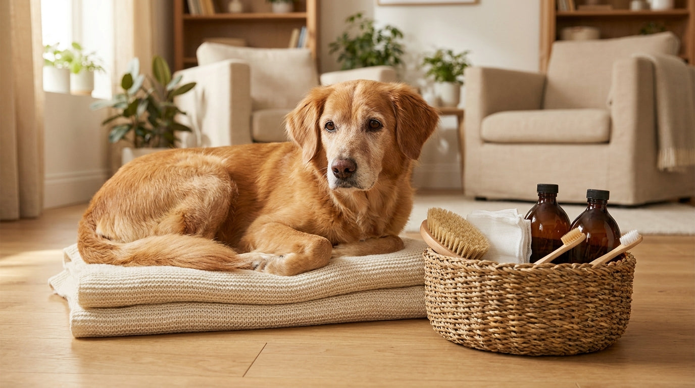 A calm adult dog resting on a clean folded blanket beside a woven basket of dog grooming and wellness supplies in soft natural light