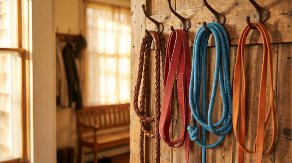 Nylon, leather, rope, and coated dog leashes coiled on hooks on a wooden board by a doorway