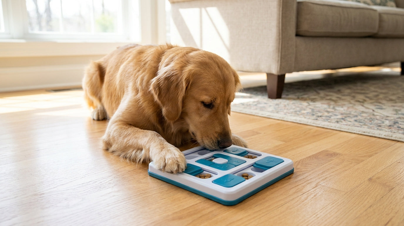 Golden retriever lying on a hardwood floor with its nose in a blue sliding-tile puzzle board holding kibble