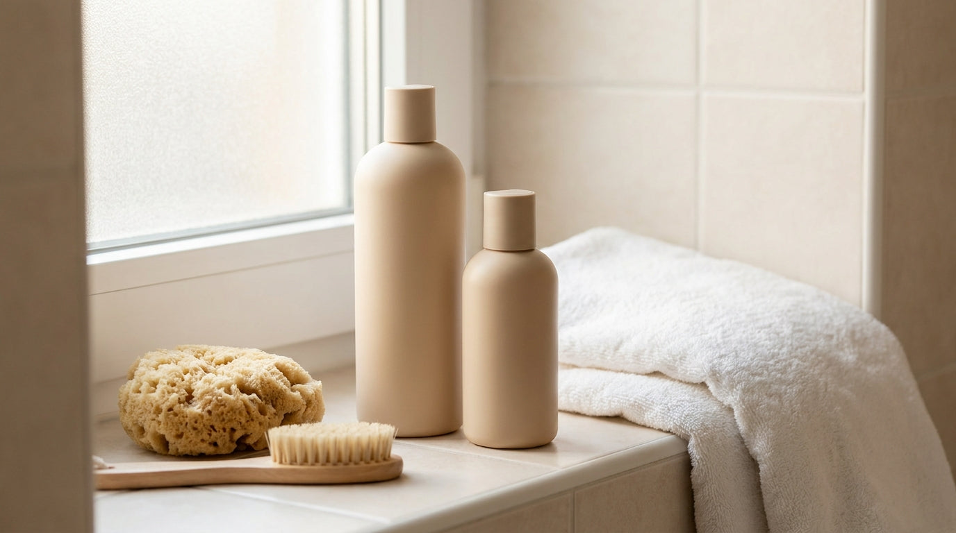 Bottles of dog shampoo and conditioner beside a folded towel on a tiled bathroom ledge in soft natural light