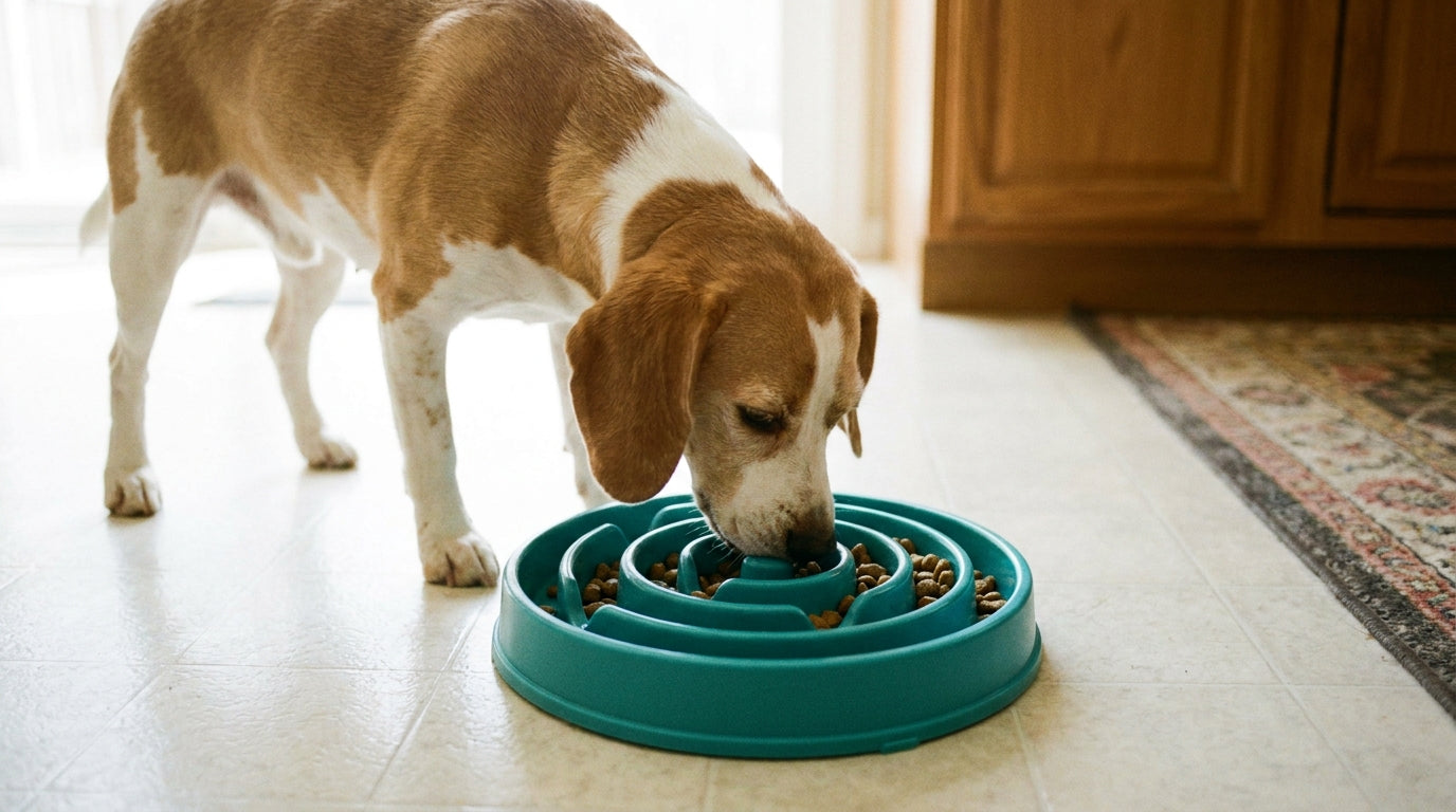 Beagle with its nose in a teal spiral slow feeder bowl on a tile floor, kibble sitting between the raised ridges