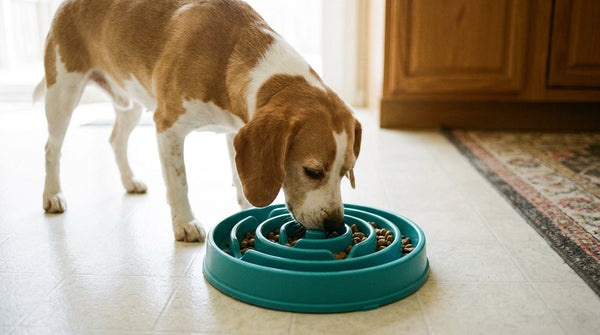 Beagle with its nose in a teal spiral slow feeder bowl on a tile floor, kibble sitting between the raised ridges