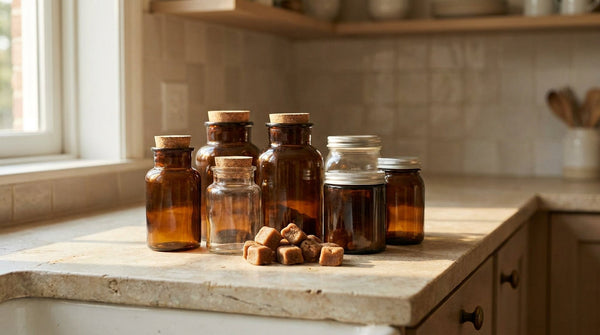 Several dog supplement jars and soft chews grouped on a clean kitchen counter in warm natural light