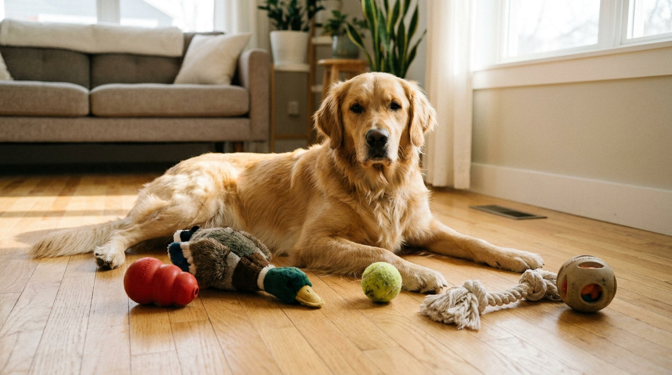 A golden retriever lying on a hardwood floor surrounded by a red rubber chew toy, a plush duck, a tennis ball, a knotted rope, and a treat ball