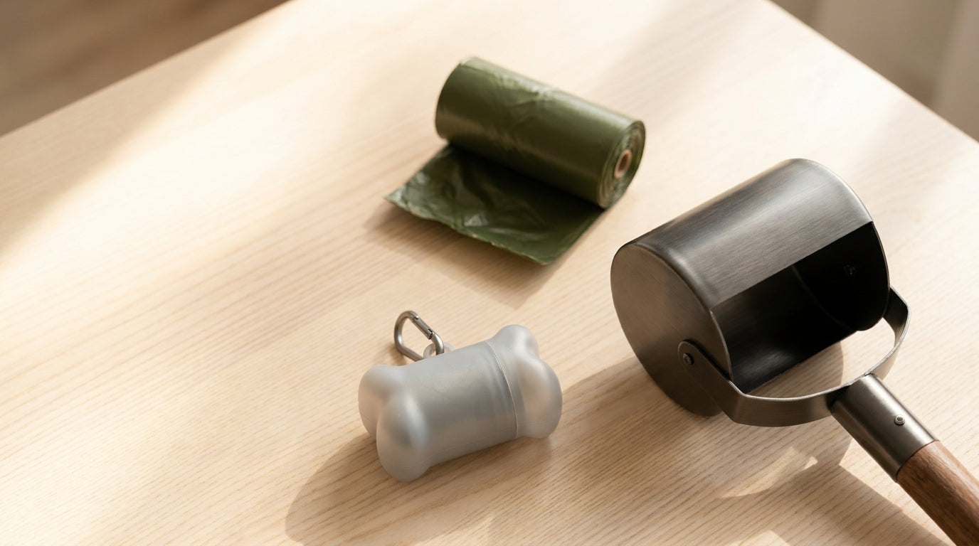 A roll of dog waste bags, a leash dispenser, and a metal scooper arranged on a light wood surface