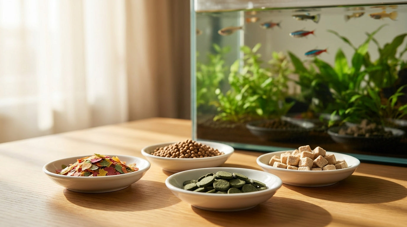 Flakes, floating pellets, sinking wafers, and freeze-dried fish food arranged in small dishes beside a planted aquarium