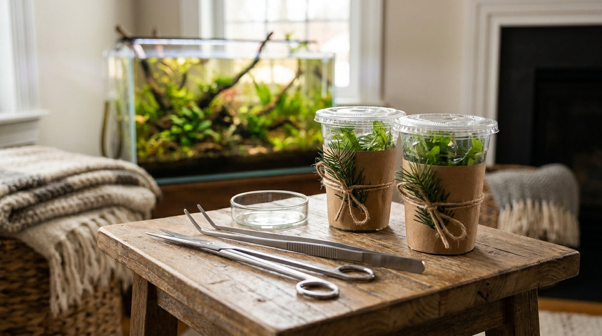 Aquascaping scissors, a glass feeding dish, and plant tissue culture cups wrapped as gifts beside a planted aquarium