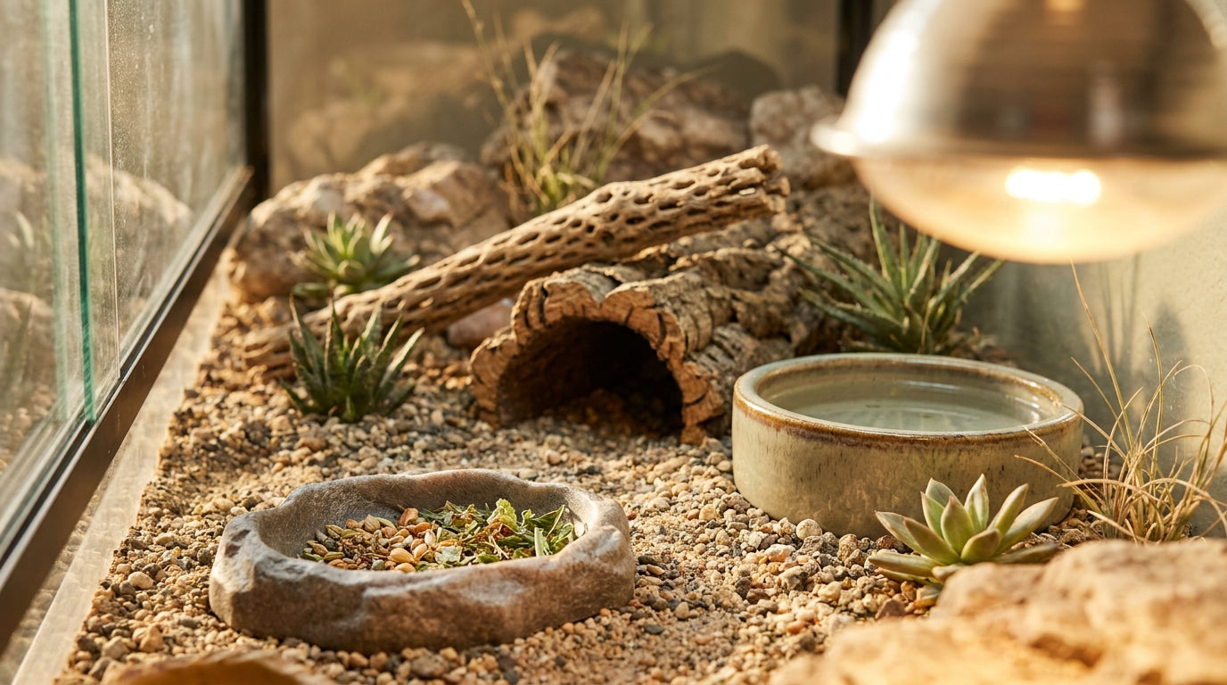 A desert terrarium with a shallow stone feeding dish and heavy ceramic water bowl on sandy substrate beneath a warm basking lamp