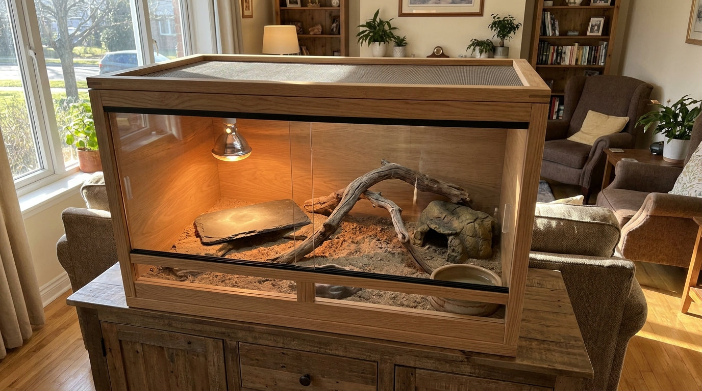 A warmly lit desert-style reptile terrarium with a basking branch, stone hide, and overhead heat lamp