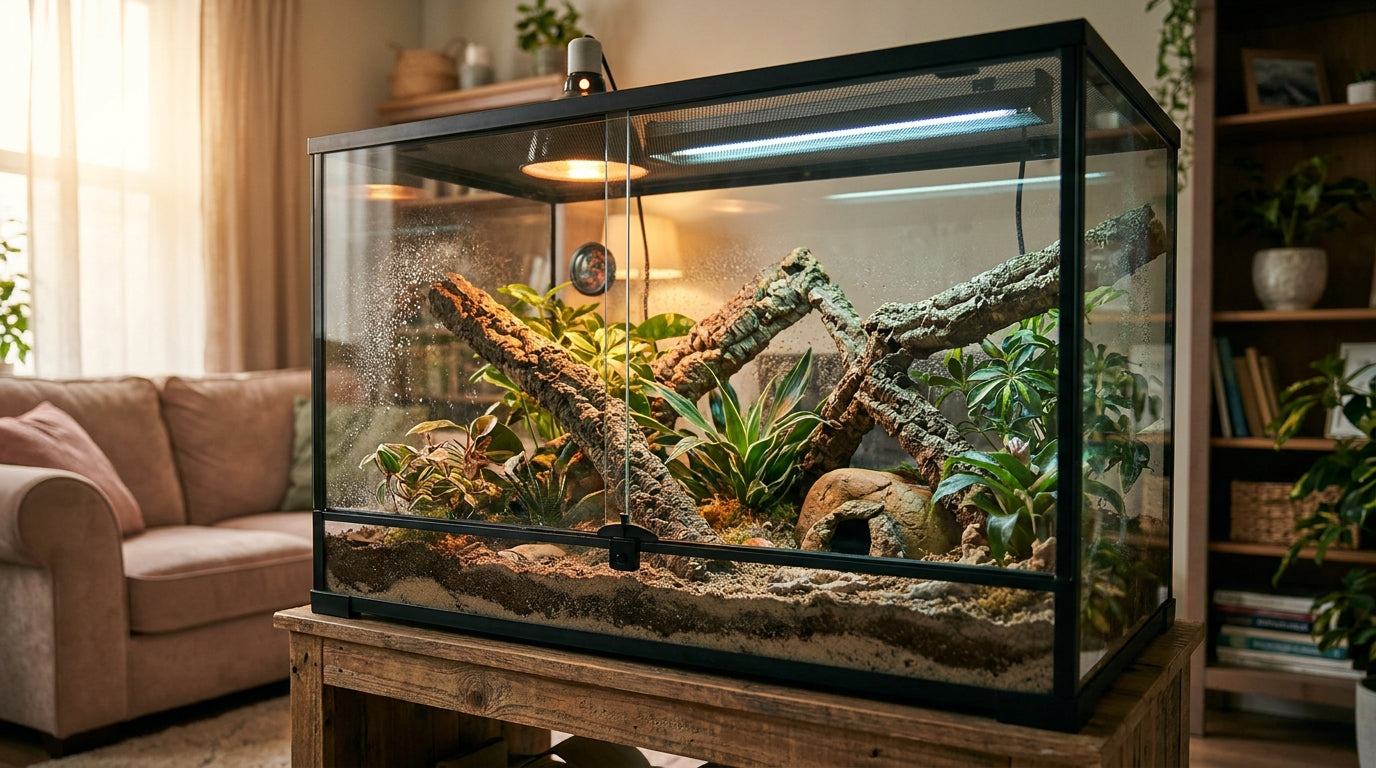 A glass terrarium lit by an overhead basking lamp and a linear UVB fixture above branches and a rock hide