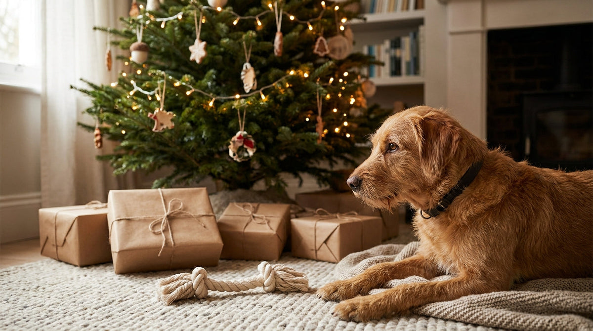 Wrapped gifts and a new rope toy under a decorated holiday tree with a dog waiting nearby on the rug