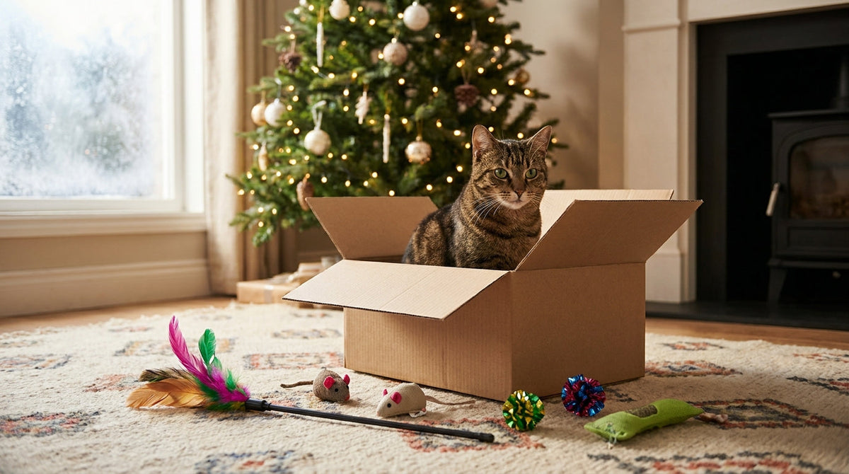A tabby cat sitting inside an open gift box surrounded by new cat toys under a decorated Christmas tree