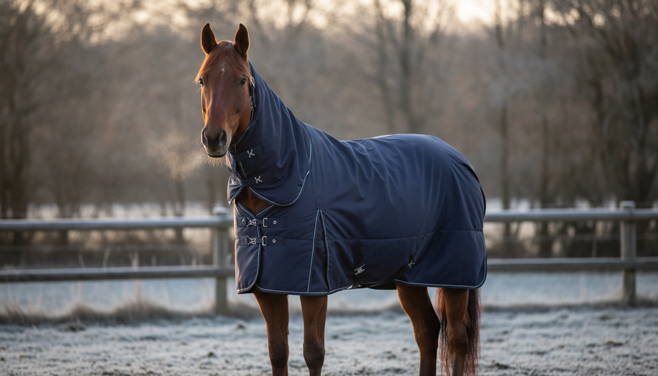 A bay horse standing in a frosty winter paddock wearing a fitted navy turnout blanket with chest buckles and leg straps visible
