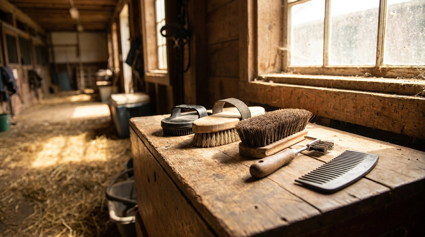 A horse grooming kit laid out on a wooden tack box with a rubber curry comb, dandy brush, hoof pick, and mane comb