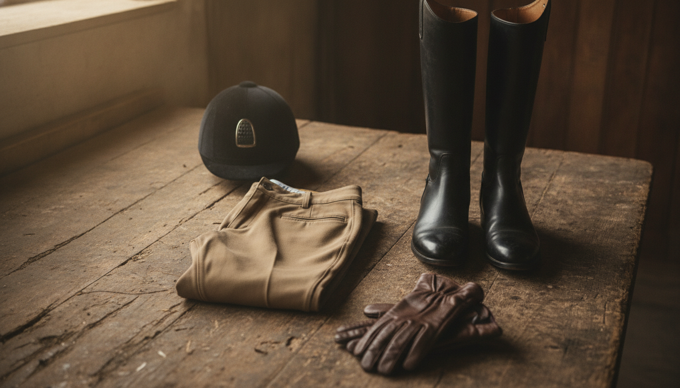 Flat lay of riding apparel including breeches, tall boots, a riding helmet, and gloves arranged on a wooden surface