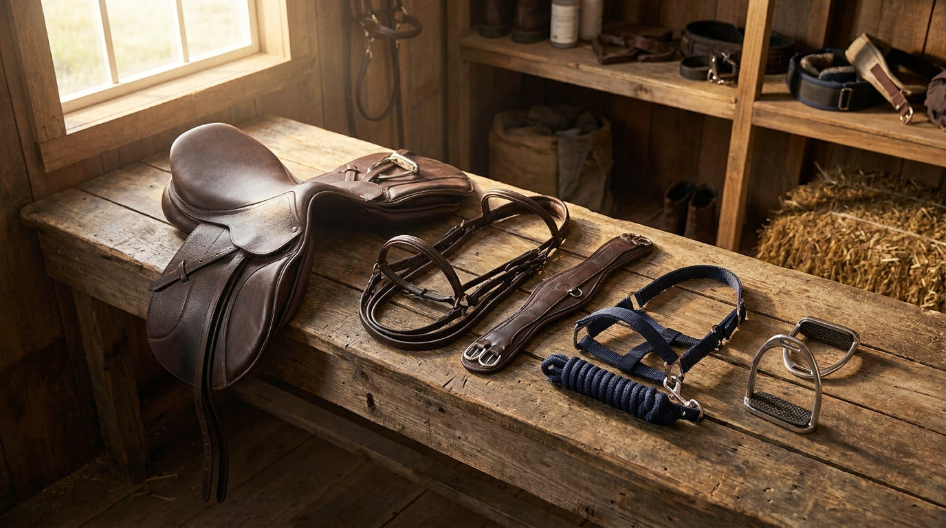 Clean leather horse tack laid out on a wooden bench, including a saddle, bridle, girth, halter, and stirrups